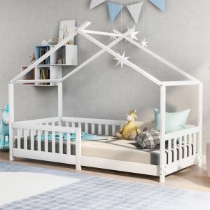 Cama casita 90x200cm con barandilla y somier madera maciza – blanco
