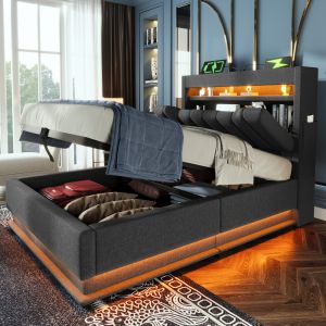 Cama tapizada 90x200cm LED usb-c almacenaje lino gris
