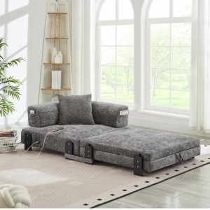 Sofá cama plegable de tela gris oscuro con usb tipo c y almacenaje