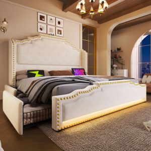 Cama tapizada 180x200 cm con 4 cajones LED y usb-c terciopelo – beige