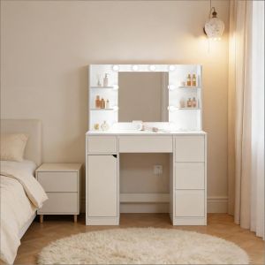 Tocador con espejo LED y enchufes blanco 140x110x40cm
