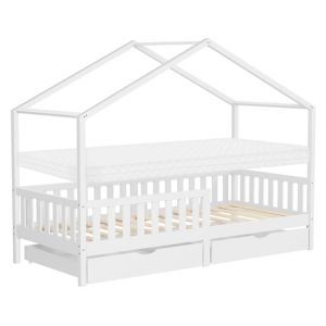 Cama infantil casa de madera blanco 90x200cm 2 cajones + colchón 10cm