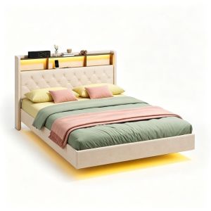 Cama tapizada con LED y usb beige - 140 x 200 cm