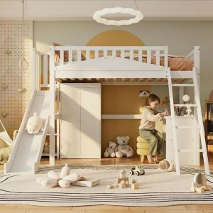 Cama alta infantil con tobogán y escritorio, 90x200cm, blanca