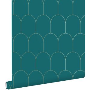 Estahome papel pintado arte deco azul petroleo y oro 53 cm x 10.05 m