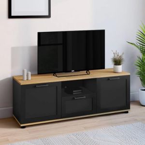 Mueble tv 110 cm negro y efecto madera con nicho y almacenamiento