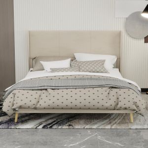 Cama minimalista con base baja, sin almacenaje, 160x200cm beige
