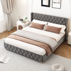 Cama tapizada 140x190cm con somier de lamas terciopelo – gris