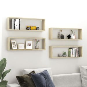 Estante cubo pared 4uds contrachapado roble sonoma 80x15x26,5cm