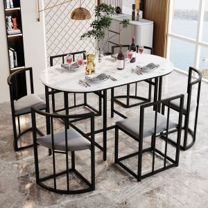 Conjunto de mesa y sillas mdf blanco y negro con 6 sillas tapizadas en gris