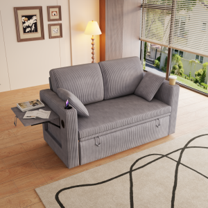 Sillón cama 3 en 1 de pana gris con mesa plegable y carga usb