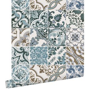 Estahome papel pintado motivo de azulejos azul y beige 50 x 900 cm