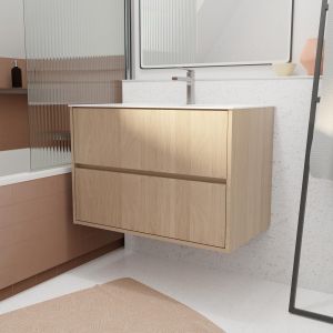 Pack mueble de baño 80 cm roble claro 2 cajones con lavabo de cerámica