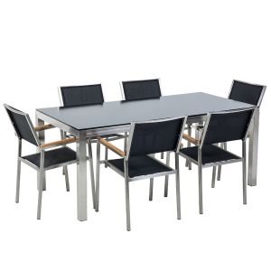 Conjunto de comedor exterior 6 plazas grosseto vidrio templado negro
