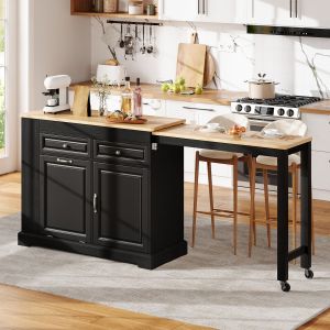 Isla de cocina con ruedas extensible 2 cajones negro 92x112-180x45cm