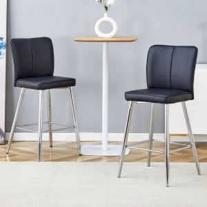 Taburetes de bar pu negro plata set 2 respaldo ergonómico reposapiés