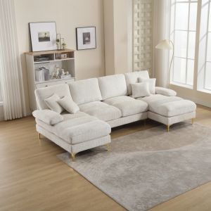 Sofá en u con chaise longue chenilla beige 6 plazas con 2 reclinados