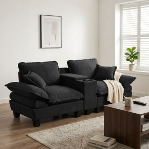 Sofá modular chenilla negro 2 plazas con usb portavasos y almacenaje
