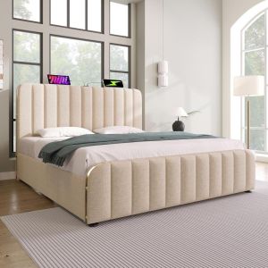 Cama 160x200cm lino, cabecero acolchado, arcón hidráulico beige