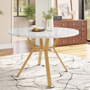 Mesa de comedor redonda mdf efecto mármol blanco dorado 75x100x100cm