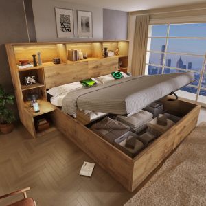 Cama doble 180x200 cm con almacenaje, LED, usb y mesitas madera – roble
