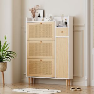 Zapatero estrecho con 3 puertas abatibles cajón natural blanco 125x90x17cm