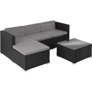 Tectake conjunto ratán acero polvo, fundas repelentes, mesa cristal, negro