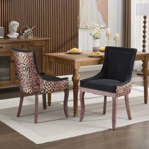 Silla de comedor, patas de madera maciza, estampado de leopardo