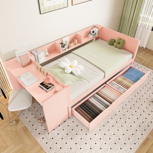Cama individual 90x200cm con escritorio y cajones pino y aglomerado rosa