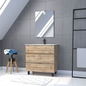 Mueble baño 80 cm roble con pies + lavabo blanco + espejo LED