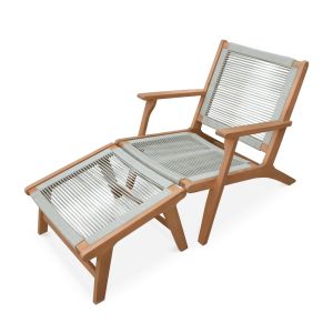 Silla de jardín de madera y cuerda con reposapiés pardo 66.5x81x71 cm