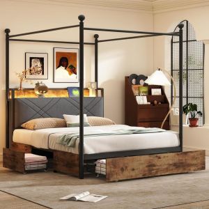 Cama 140x190cm metal y madera con LED, usb-c, dosel y 3 cajones negra