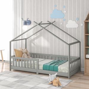 Cama infantil 90x200cm madera maciza con barandilla y somier gris