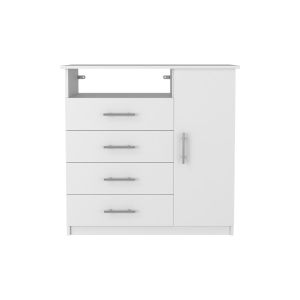 Cómoda 4 cajones, gabinete 1 puerta, estante abierto, parte superior