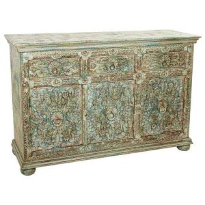 Aparador de madera tallada verde 147x45x96