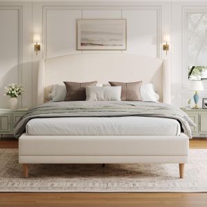 Cama 140x190cm con somier de láminas, patas de madera, blanco