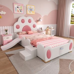 Cama infantil 90x200 cm con tobogán y escalera pu – color blanco y rosa