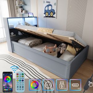 Sofá cama 90x200cm con canapé hidráulico, LED y enchufe  madera – gris