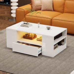 Mesa de centro con LED 2 cajones 2 estantes blanco 37x95x53cm
