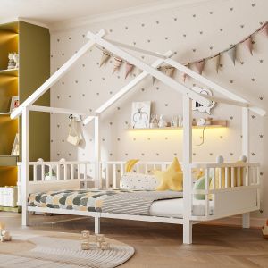 Cama infantil 90x200cm con estructura de casa y barandillas metal blanco