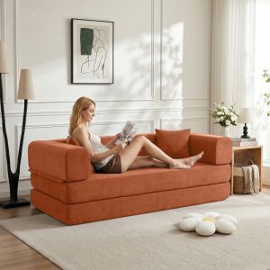Sofá cama suelo pana naranja 3 plazas cojines reposabrazos ajustables