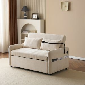 Sofá cama 2 plazas chenilla beige con respaldo ajustable y usb