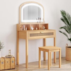 Tocador bohemio con espejo LED y taburete - 80 cm