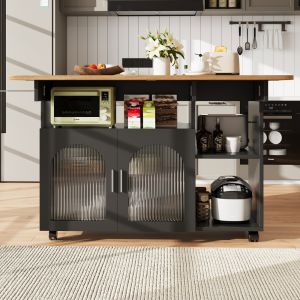 Isla de cocina con mesa abatible y ruedas negro y natural 79,5x120x30cm