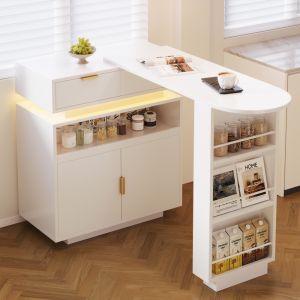 Isla de cocina extensible giratoria con LED blanca 99,5x183x40cm