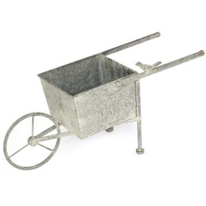 Jardinera tipo carretilla en metal gris.