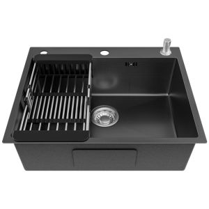 Fregadero de cocina gris oscuro de acero inoxidable de 60x49cm con canasta