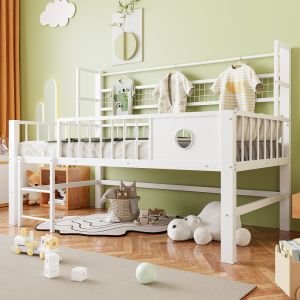 Cama elevada baja 90x200cm con almacenaje y barra metálica – blanco