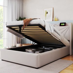 Cama tapizada 90x200cm canapé usb-c lino algodón beige con colchón