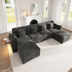 Sofá modular en u o l de chenilla gris 6 plazas con 2 hockers y luz LED